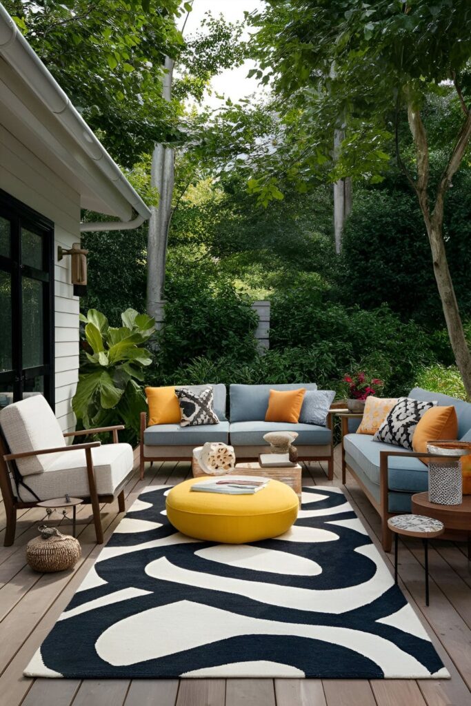 Patio with a statement rug featuring bold abstract patterns or designs resembling modern art creative decor items