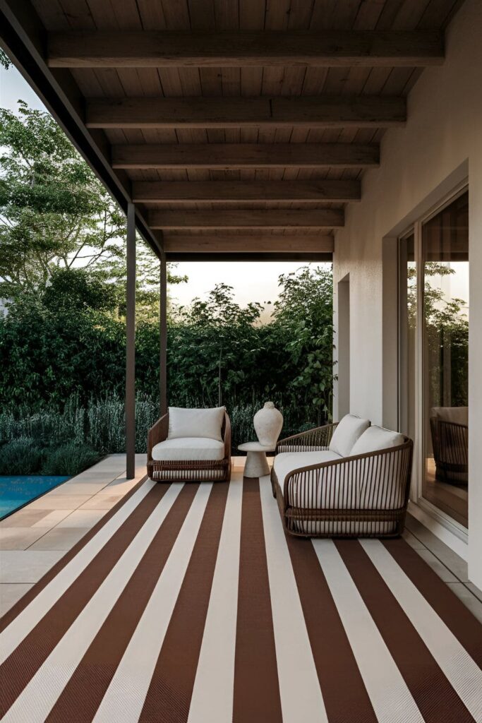 Patio with a striped rug in complementary colors modern outdoor furniture and plants