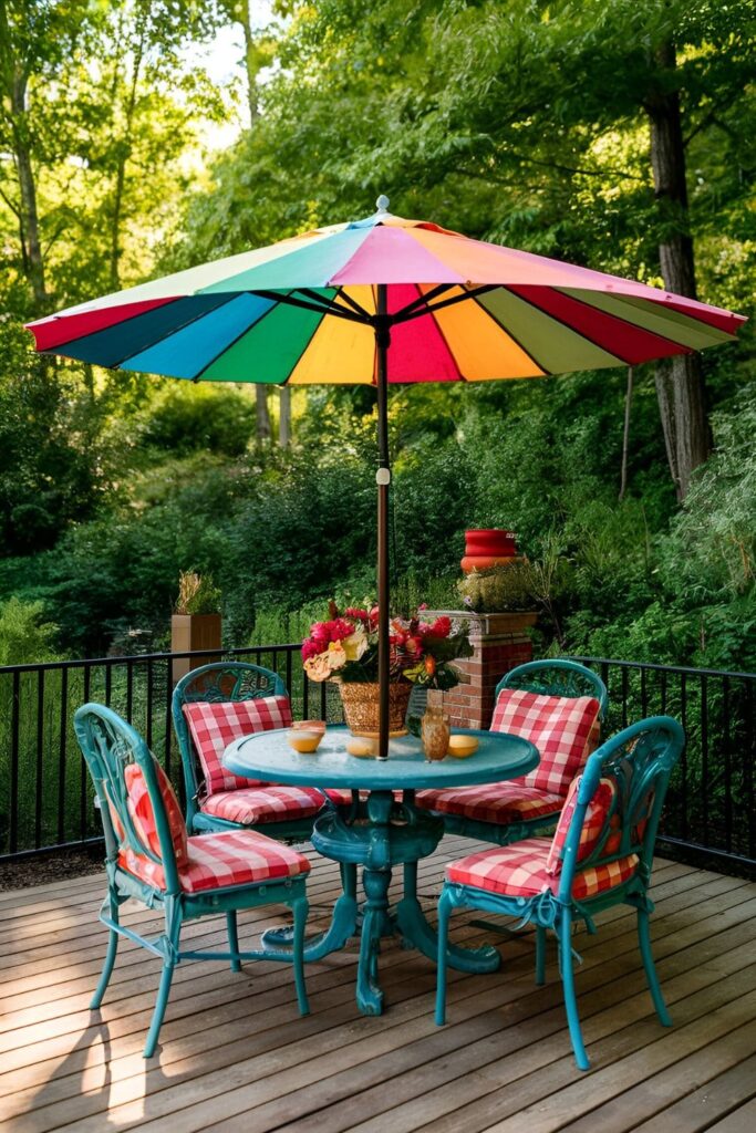 Patio with a vibrant multi-color umbrella creating a lively atmosphere