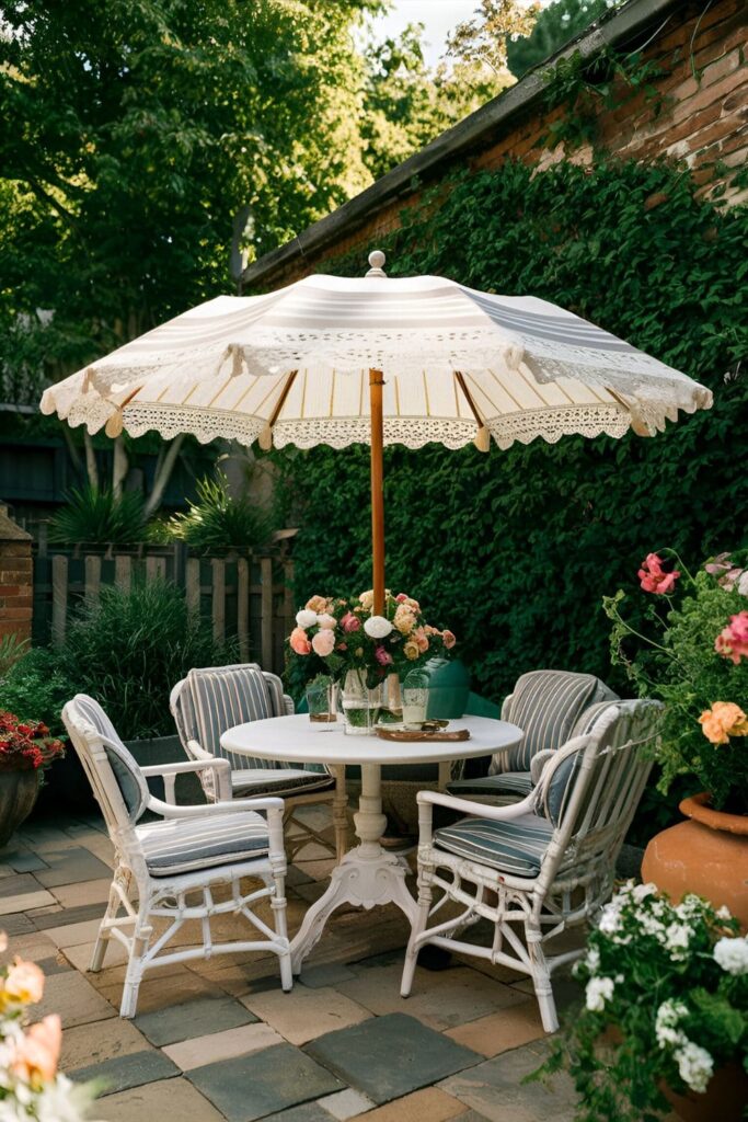 Patio with a vintage design umbrella featuring classic patterns and materials