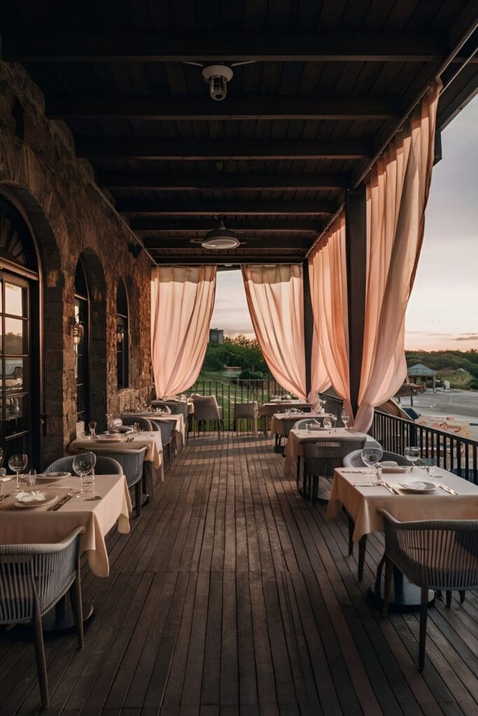 Patio with elegant outdoor curtains flowing in the breeze for privacy and shade