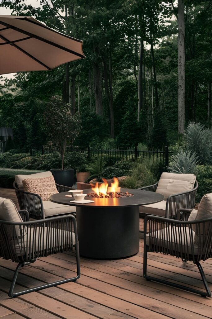 Patio with fire tables combining fire pit warmth and dining table functionality, creating a cozy and intimate dining setting perfect for evening meals