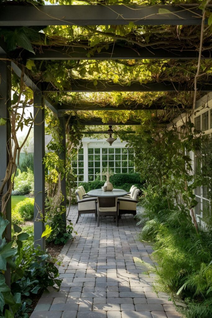 Patio with garden trellises on paver bases, adorned with climbing vines and lush greenery for privacy