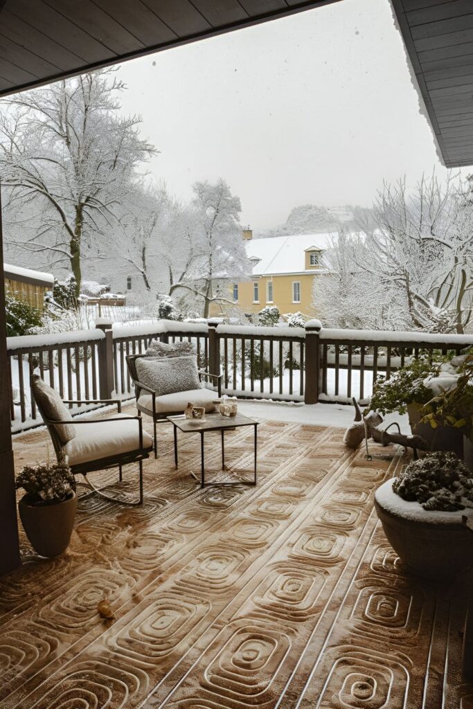 Patio with heated tiles as flooring, keeping feet warm and cozy, set in a winter environment