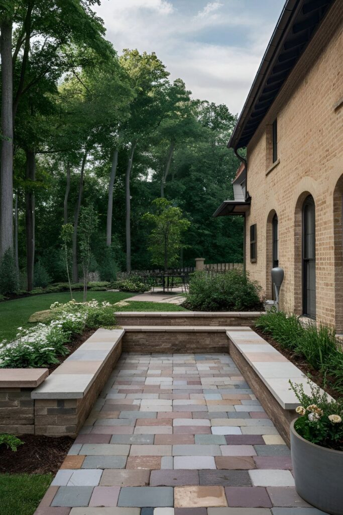 Patio with integrated benches made of pavers, providing stylish and practical seating