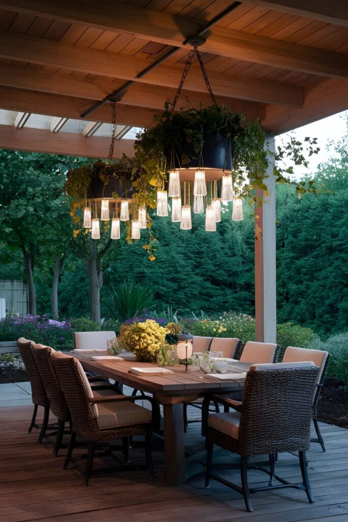 Patio with outdoor chandeliers that include built-in planters, showcasing flowers or trailing vines, combining greenery and lighting for a lush, garden-like atmosphere