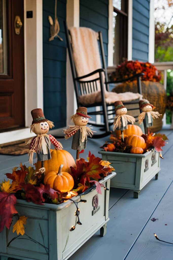 Planter boxes decorated with mini scarecrows, pumpkins, and autumn leaves on a cozy front porch