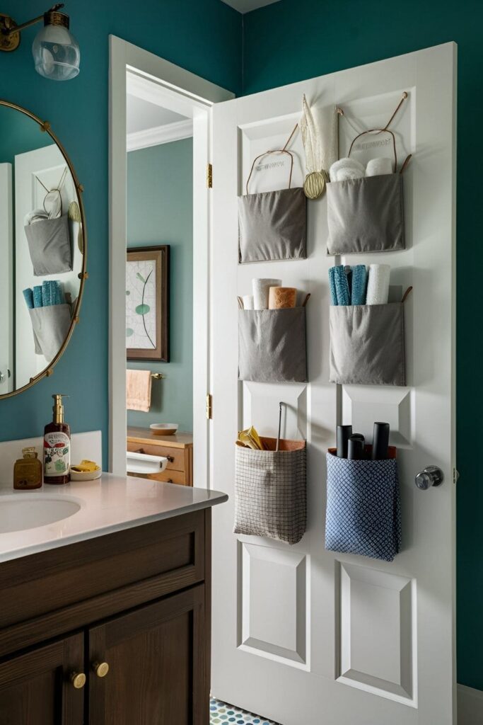 Pocket organizers hanging on the back of a bathroom door, storing rolled towels and washcloths