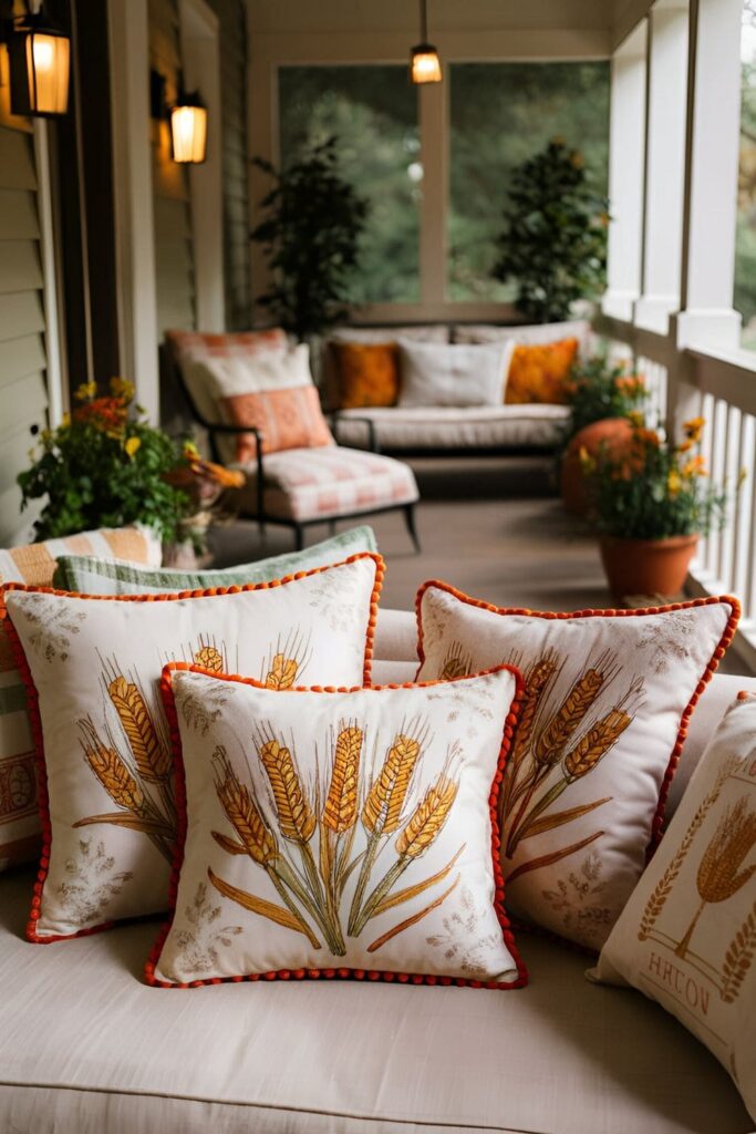 Porch seating updated with cushions that have harvest-themed prints featuring wheat, corn, and other fall motifs