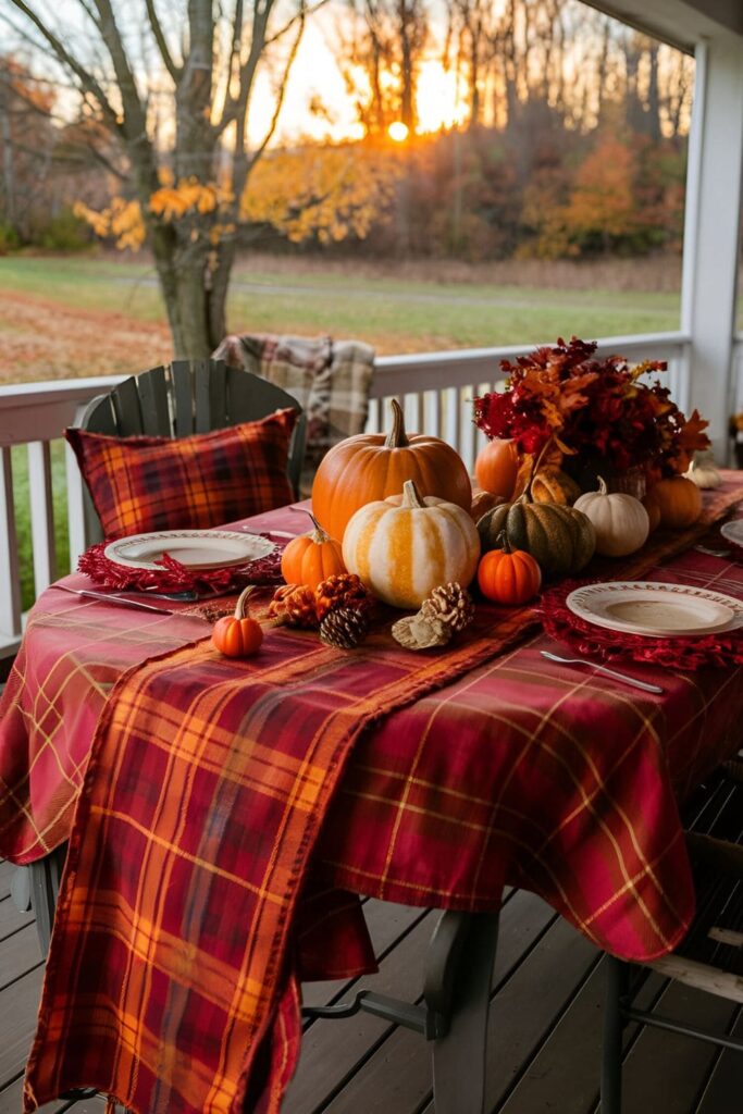 Porch table decorated with plaid tablecloths or runners in warm colors like red, orange, and brown