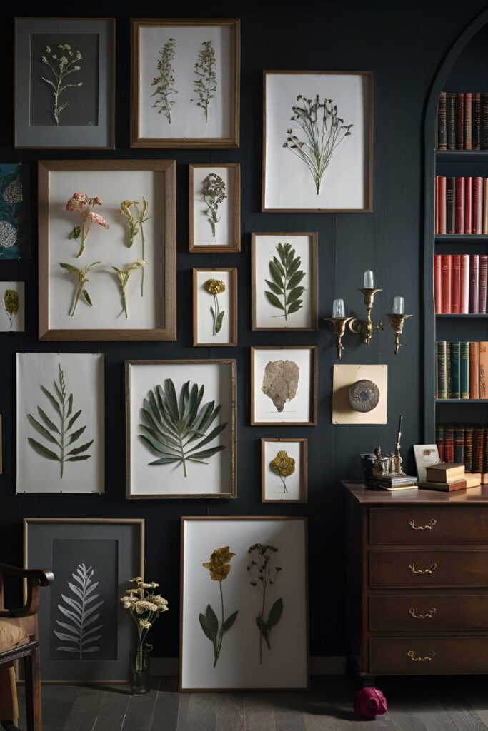 Pressed flowers and botanical specimens framed and displayed on the walls of a dark academia bedroom with antique furniture and classic novels