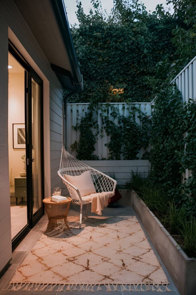 Quiet patio corner transformed into a reading nook with a cozy rug comfortable chair or hammock small side table and soft lighting