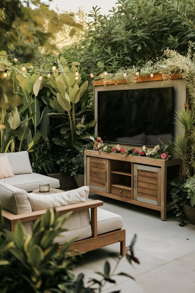 Relaxing outdoor patio with a TV, surrounded by lush plants and greenery, enhancing the natural environment