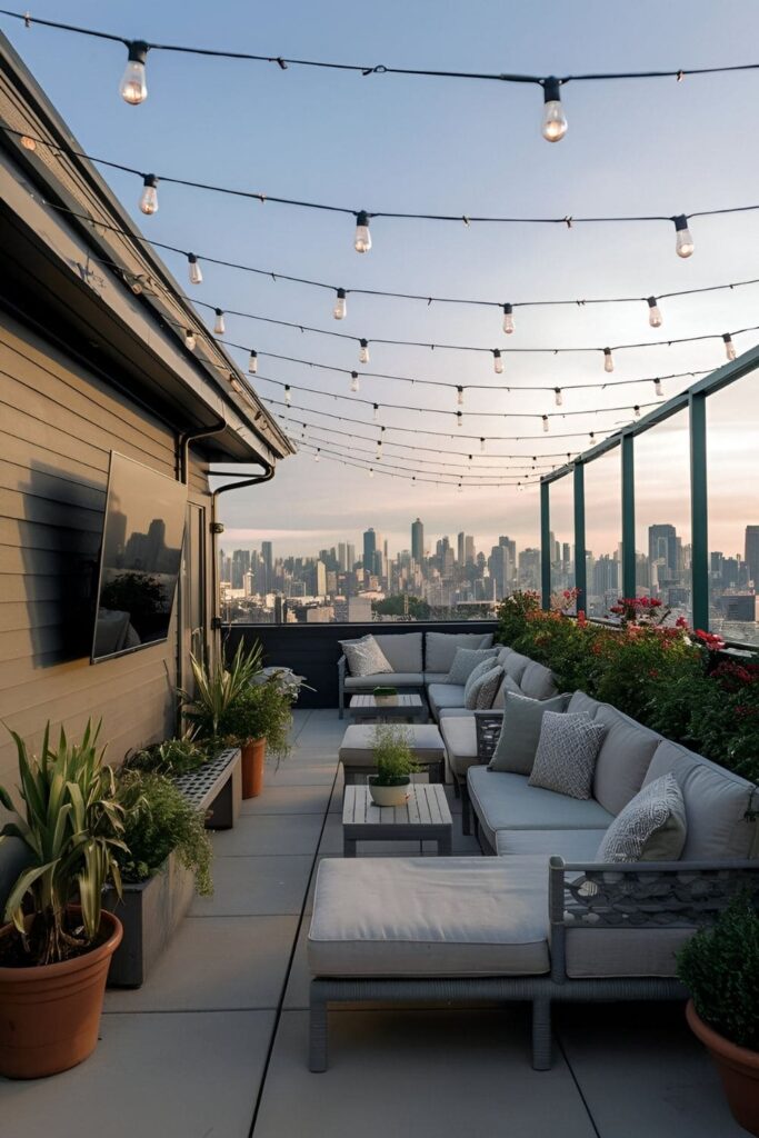 Rooftop patio with a TV, offering great views, comfortable seating, string lights, and potted plants, creating a cozy atmosphere