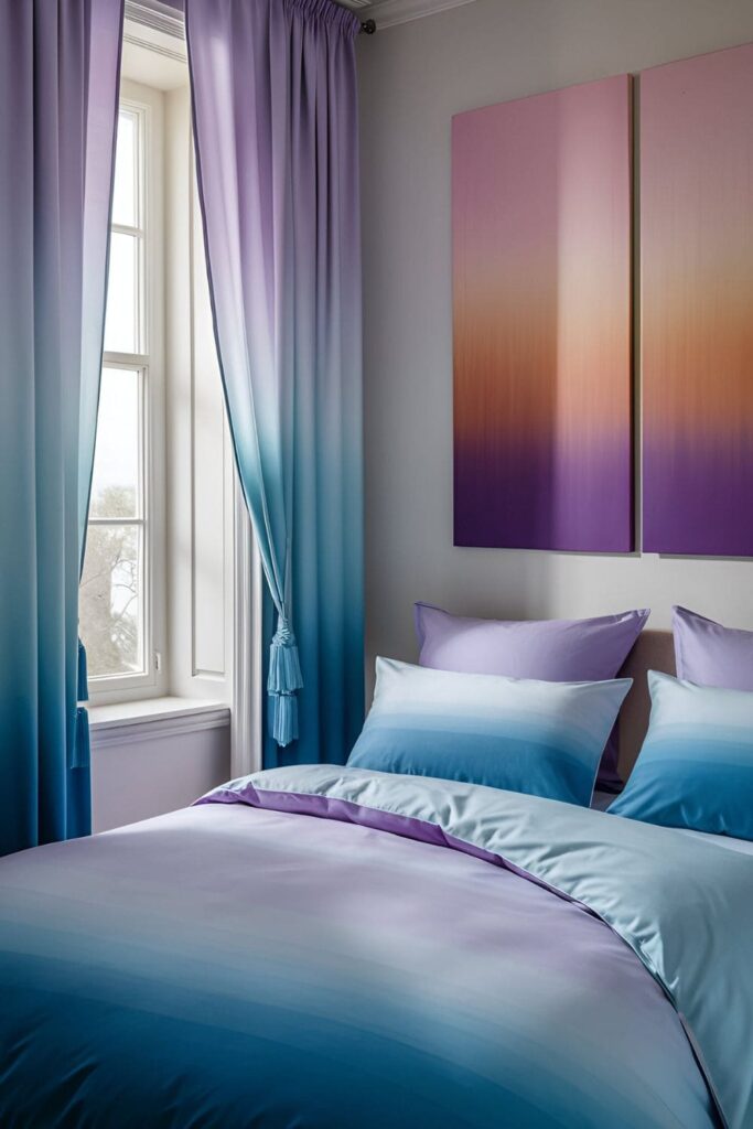 Room decorated with ombre curtains, bedding, and wall art, showcasing soft color gradients for a calming effect