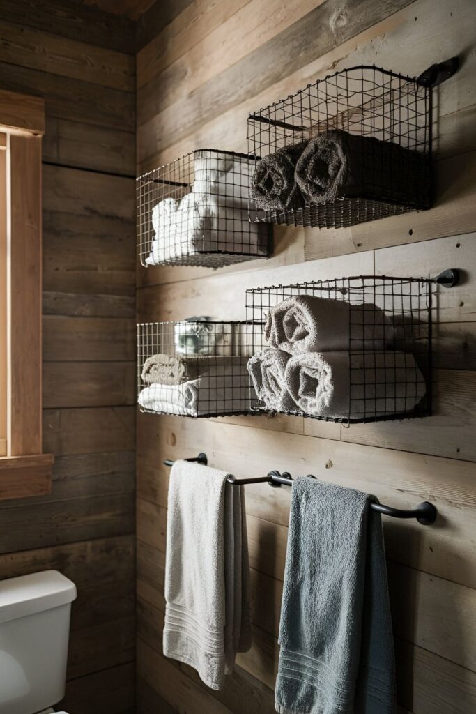 Rustic bathroom wall with wire baskets mounted, holding rolled and folded towels