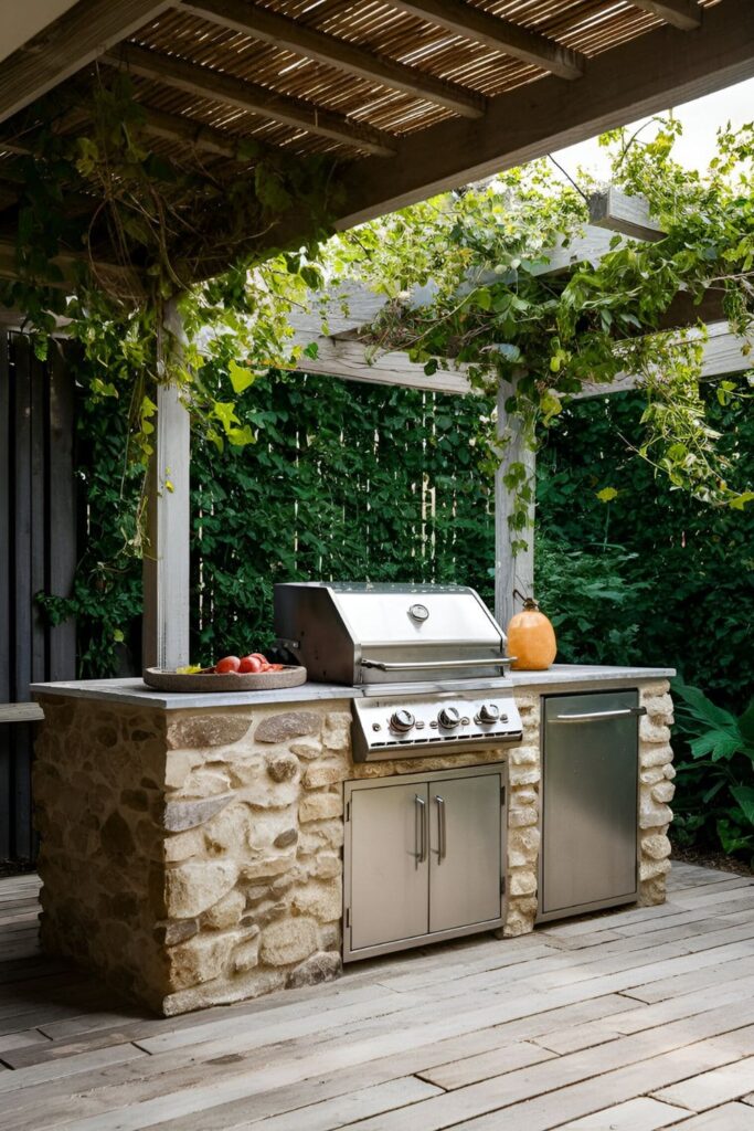 Rustic stone barbecue island with high-quality grill on natural stone base