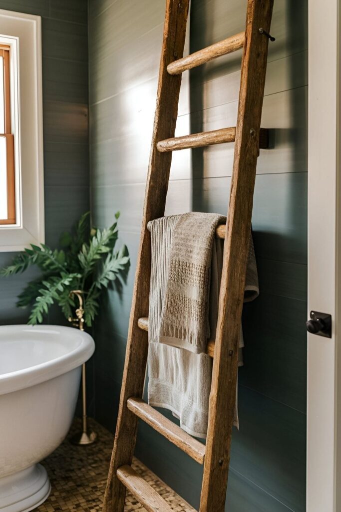 Rustic wooden ladder leaning against a bathroom wall, draped with towels