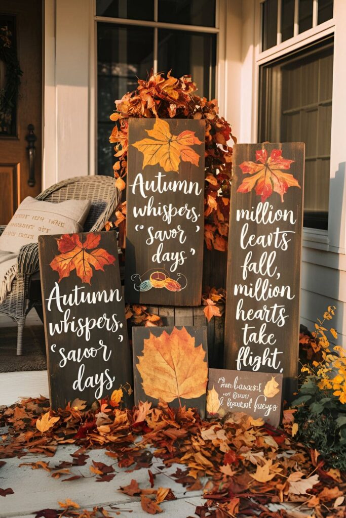 Rustic wooden signs painted with autumn quotes or sayings, strategically placed around a front porch