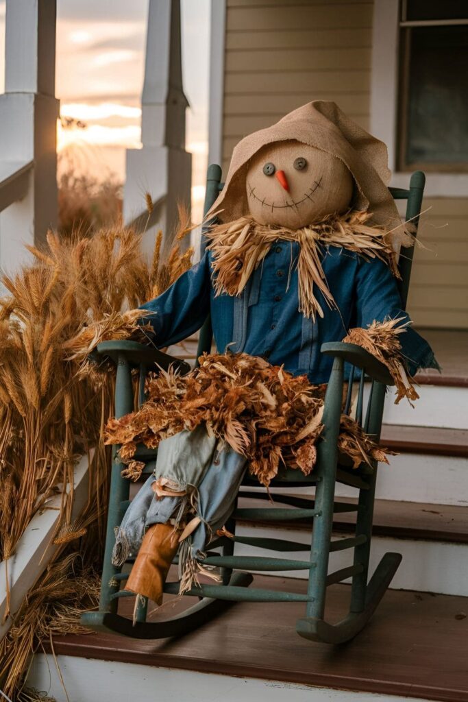 Scarecrow made from old clothes and stuffed with leaves, positioned in a rocking chair or by porch steps, evoking a nostalgic harvest season feel