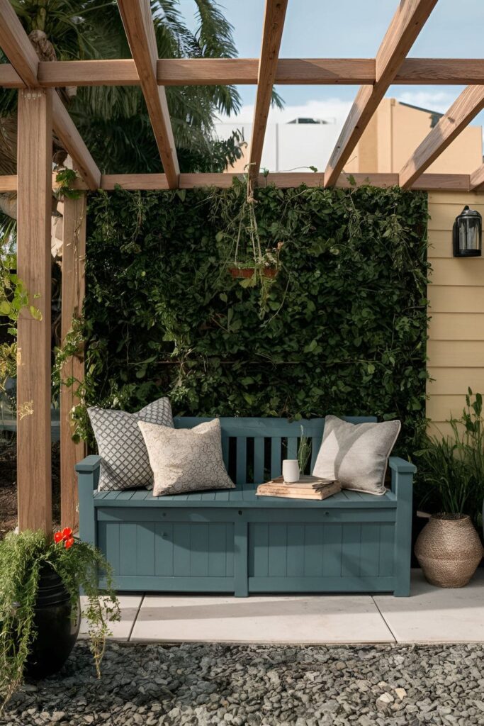 Second outdoor storage bench used for seating and storage in kitchen area