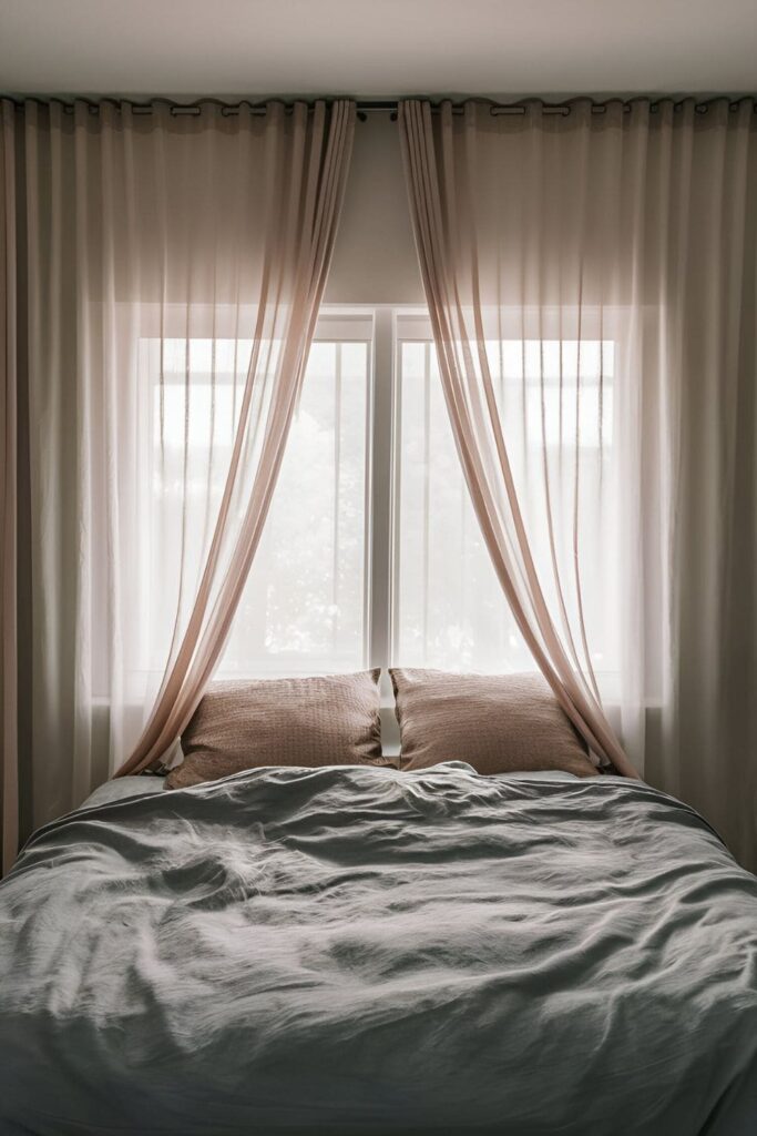 Serene bedroom with sheer curtains hanging over a window behind the bed, allowing natural light to filter through while providing privacy