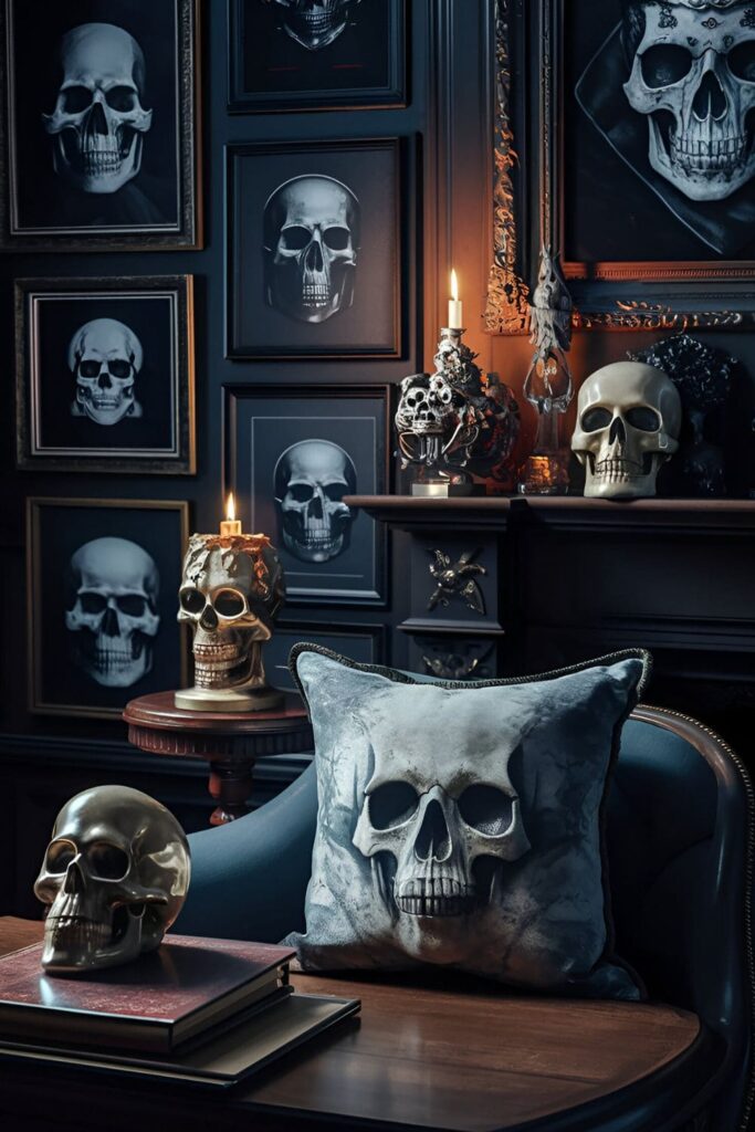 Skull decor pieces such as small sculptures, candle holders, and printed designs on pillows or art set in a dark, mysterious room