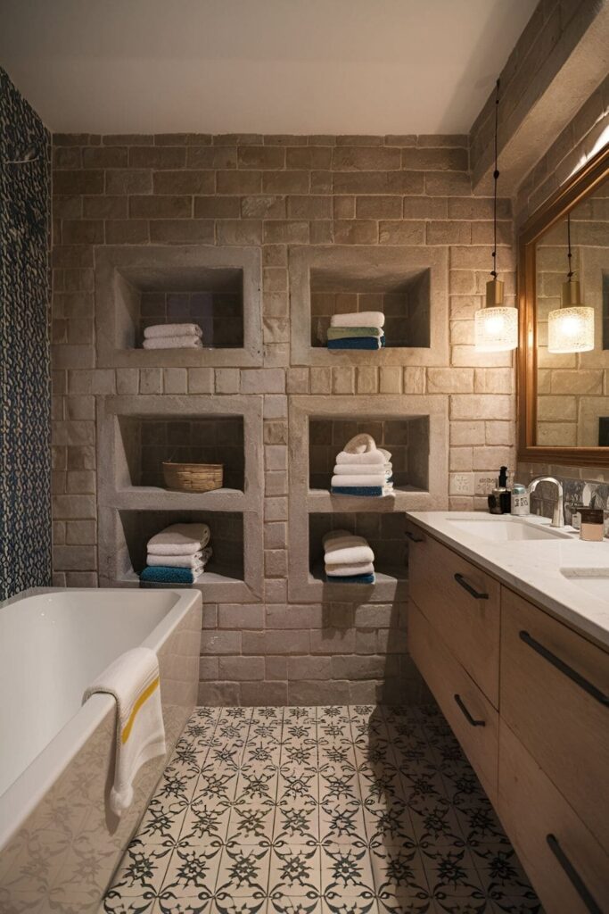 Small nooks carved into bathroom walls, storing towels and lined with decorative tiles