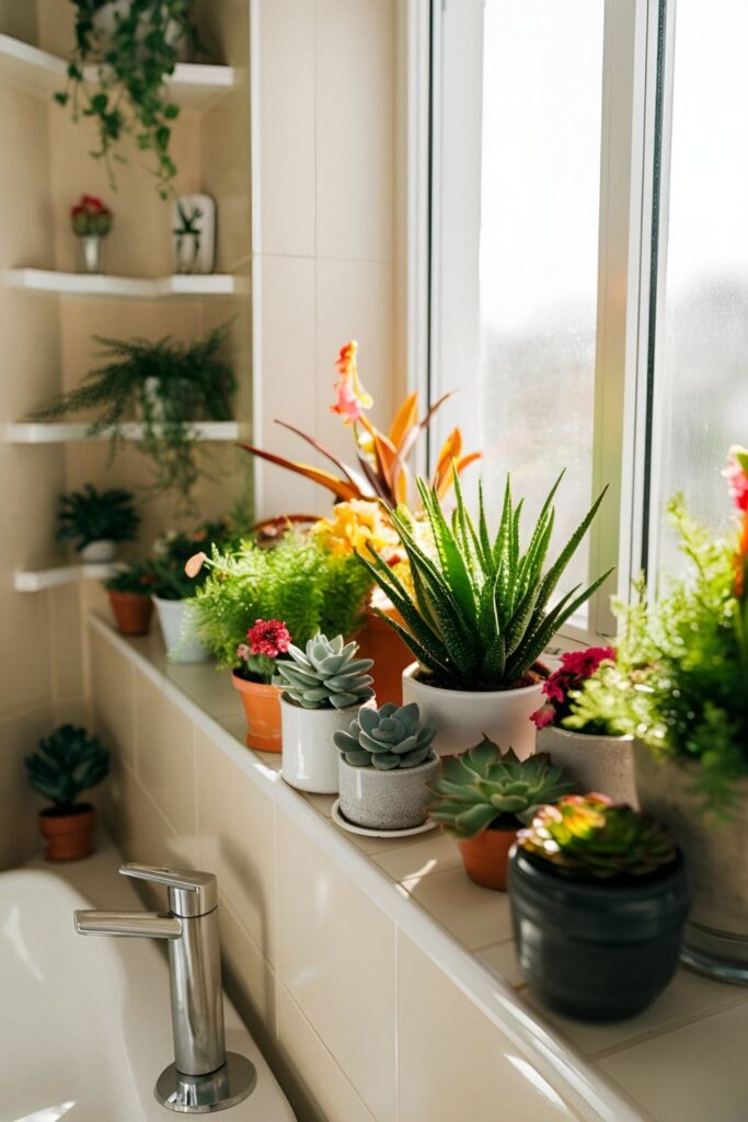 Small potted plants placed on a bathroom shelf and windowsill, adding a fresh touch