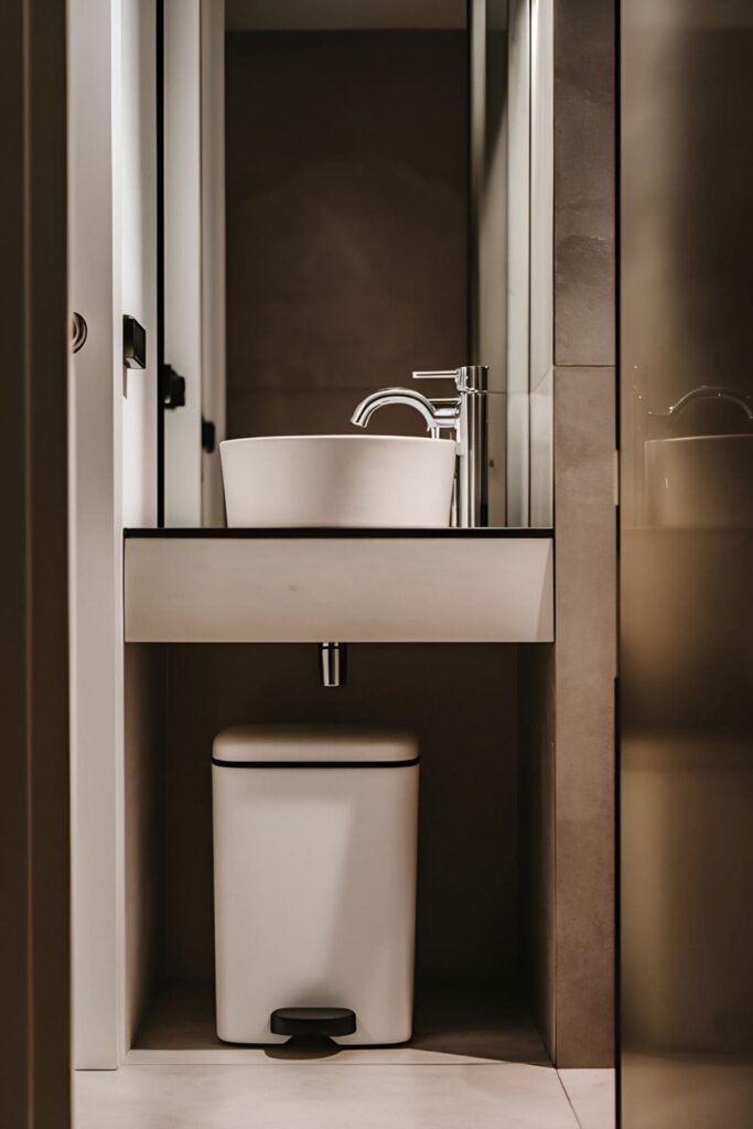 Small, stylish waste bin neatly tucked under a bathroom sink, complementing the decor