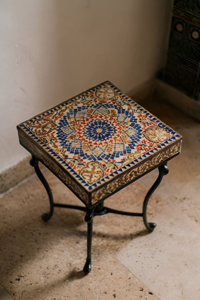 Small table adorned with colorful mosaic tiles, featuring intricate patterns and vibrant colors, adding an artistic flair