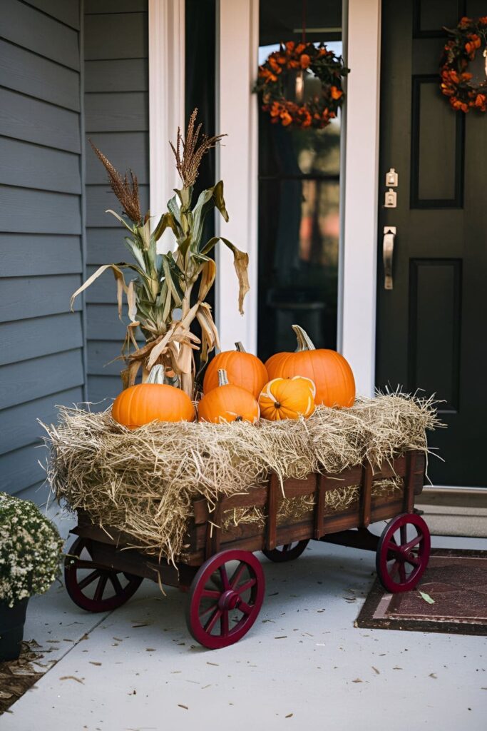 Small wooden wagon decorated with hay, pumpkins, and corn stalks, positioned near a front entryway