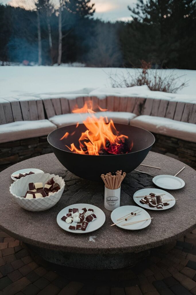 S’mores station near a fire pit on a winter patio, complete with all the ingredients, skewers, and plates for making s’mores