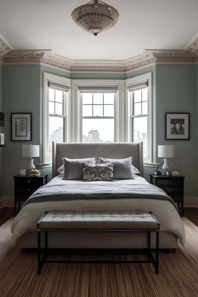 Sophisticated bedroom with a decorative cornice above the window behind the bed, adding an architectural element