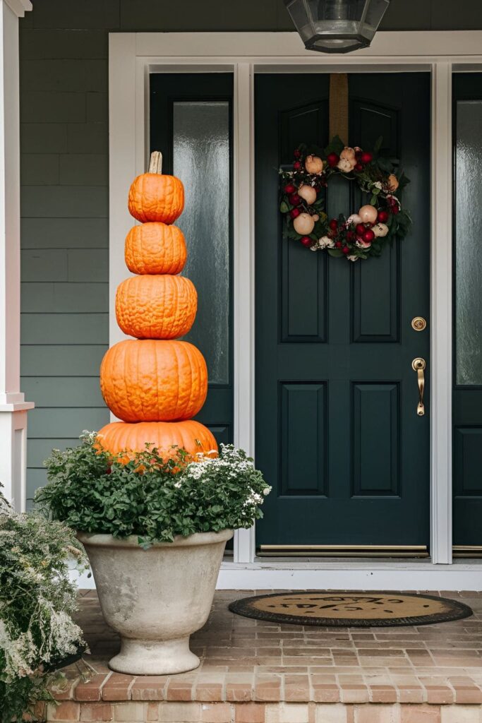 Stacked pumpkin topiaries secured with wooden dowels, placed in large pots on either side of a front door