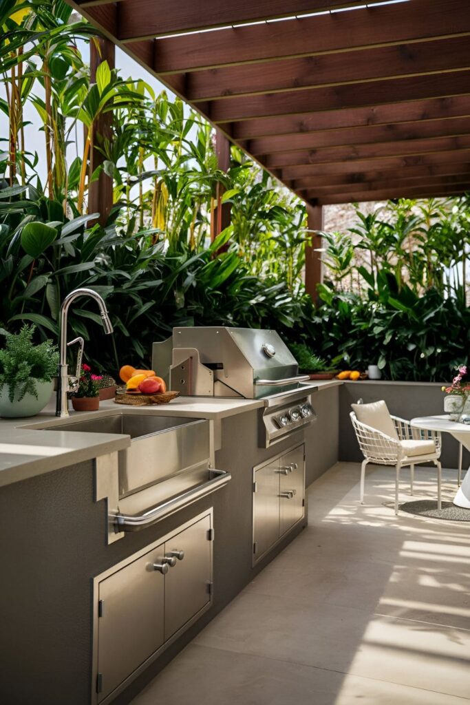 Stainless steel outdoor sink with sprayer next to a grill in a patio setting