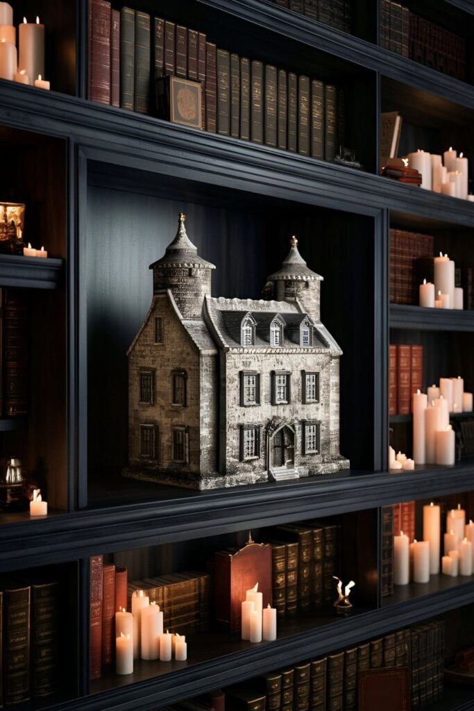 Stone busts old buildings displayed on dark wood shelves in a room filled with dark academia decor including books and candles