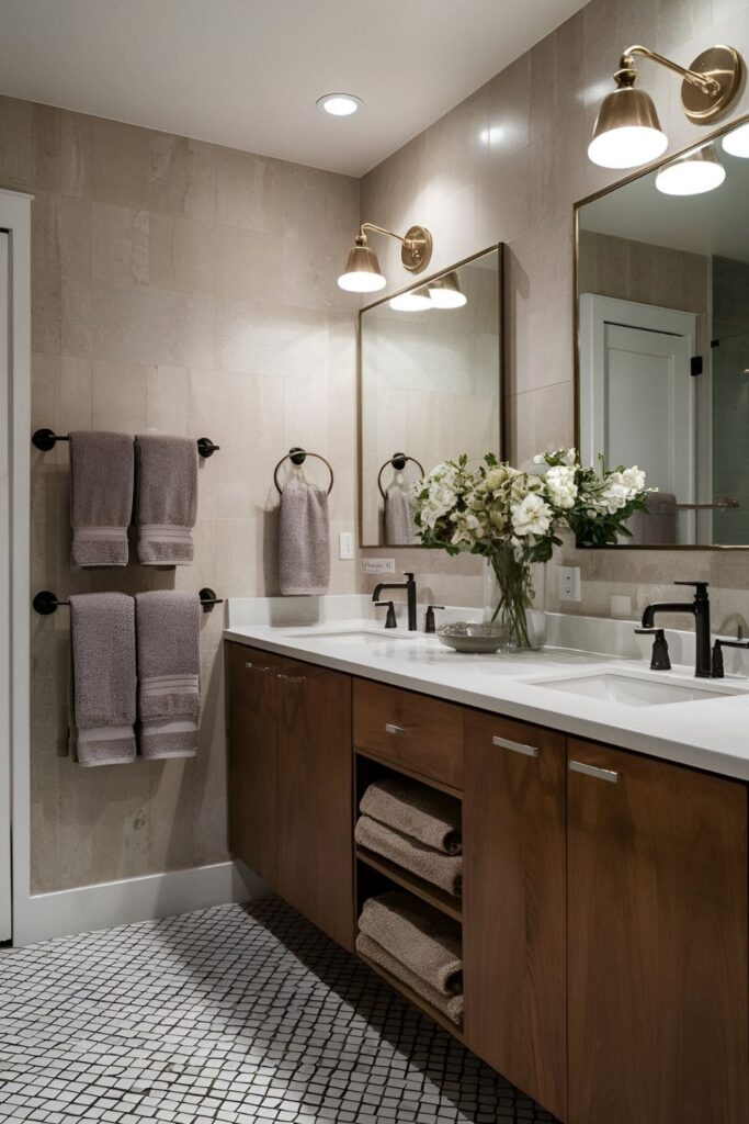 Stylish bathroom featuring a double towel rod holding a variety of plush towels