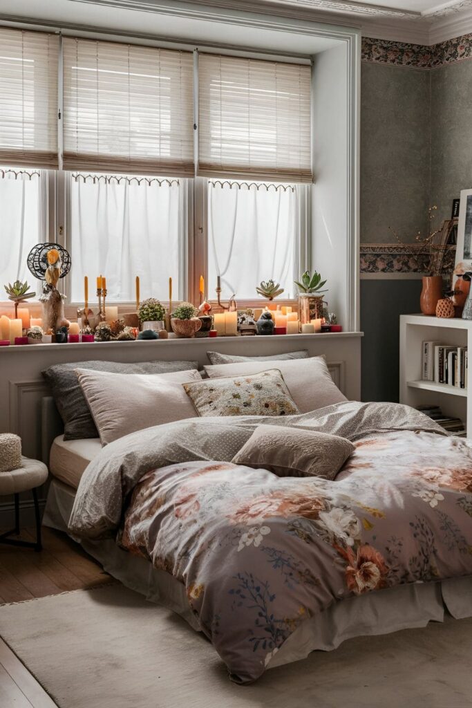 Stylish bedroom with a decorative window ledge behind the bed, adorned with candles, small plants, and decorative objects