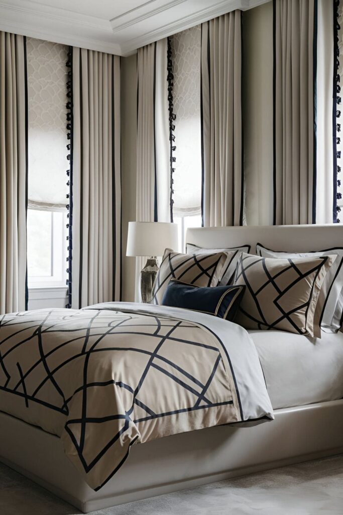 Stylish bedroom with bedding that complements the window treatments, creating a cohesive look with enhancing colors and patterns