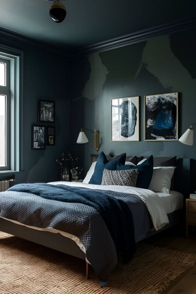 Stylish bedroom with custom dark paint mixes on the walls in unique shades of dark blue and green, adding a personalized touch to enhance the moody and sophisticated space