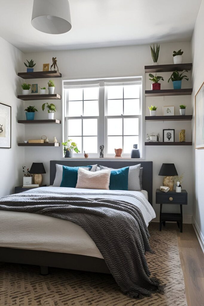 Stylish bedroom with floating display shelves above the window behind the bed, showcasing small plants, art pieces, and decorative items