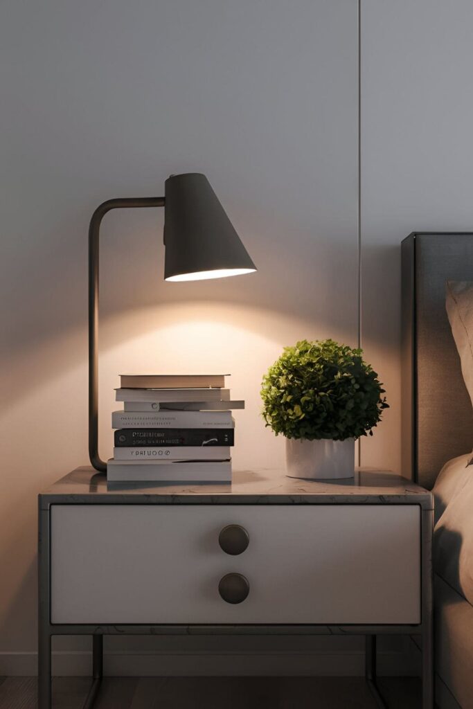 Stylish bedside table decorated with a chic lamp, a stack of books, and a small plant, keeping the decor simple and functional