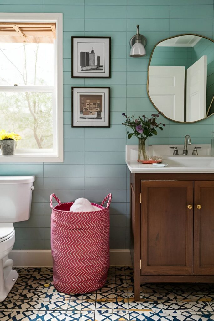 Stylish, collapsible hamper in a small bathroom, folded flat when not in use