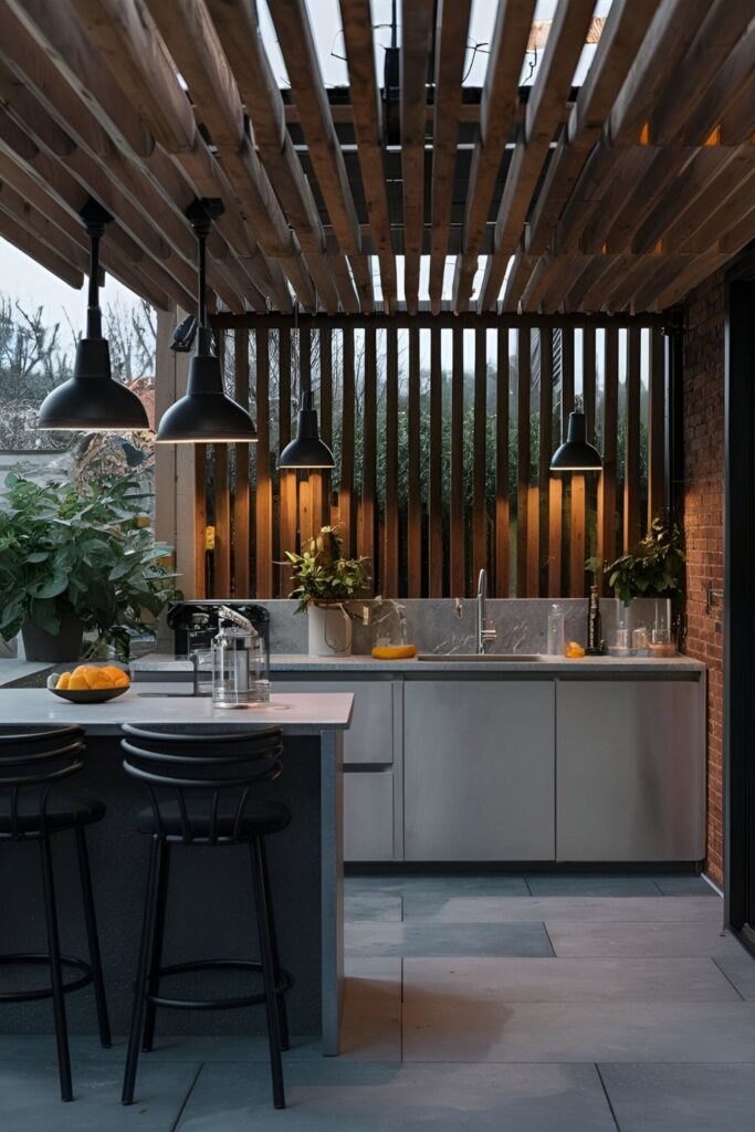 Stylish outdoor heating lamps providing warmth in kitchen area