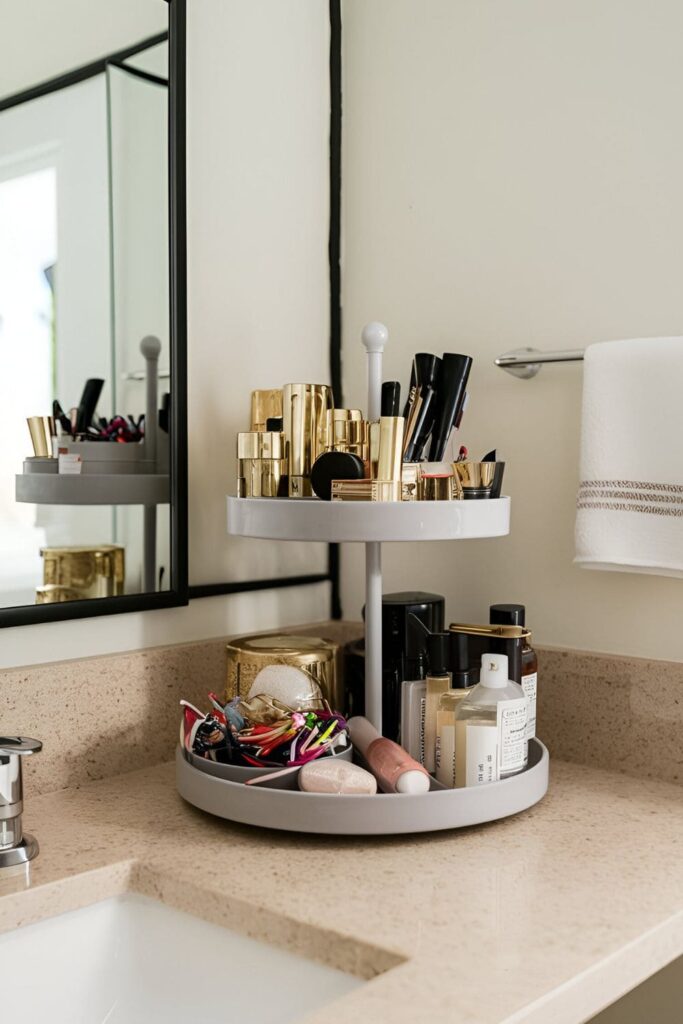 Tiered storage trays on a bathroom countertop, organizing makeup and toiletries