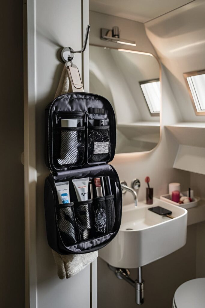 Toiletry bag hanging from a hook or towel bar, organized with makeup and toiletries