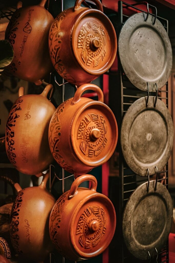 Traditional Mexican clay cookware including cazuelas (clay pots) and comales (griddles) used for cooking and as decorative elements