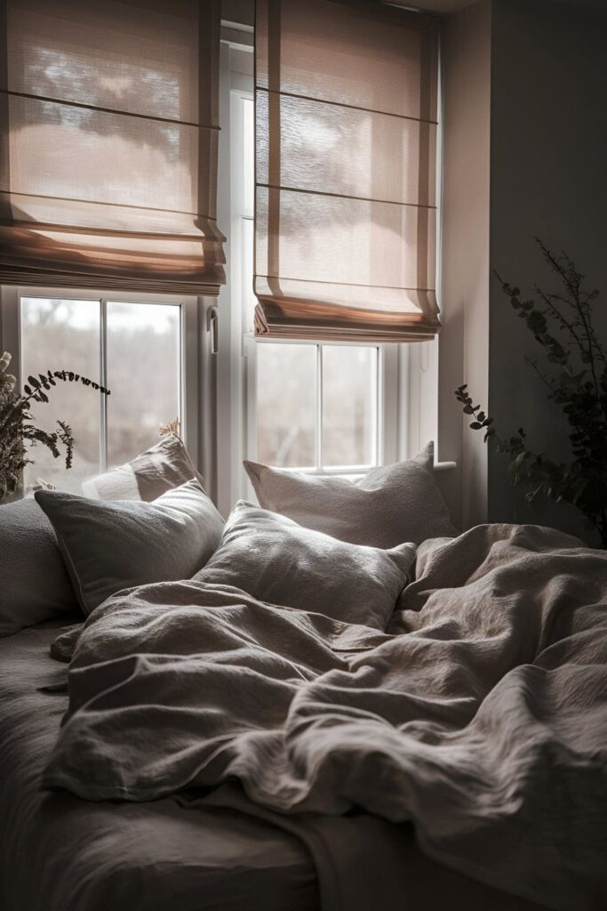 Tranquil bedroom with light-filtering shades on the window behind the bed, allowing soft, diffused light while providing privacy