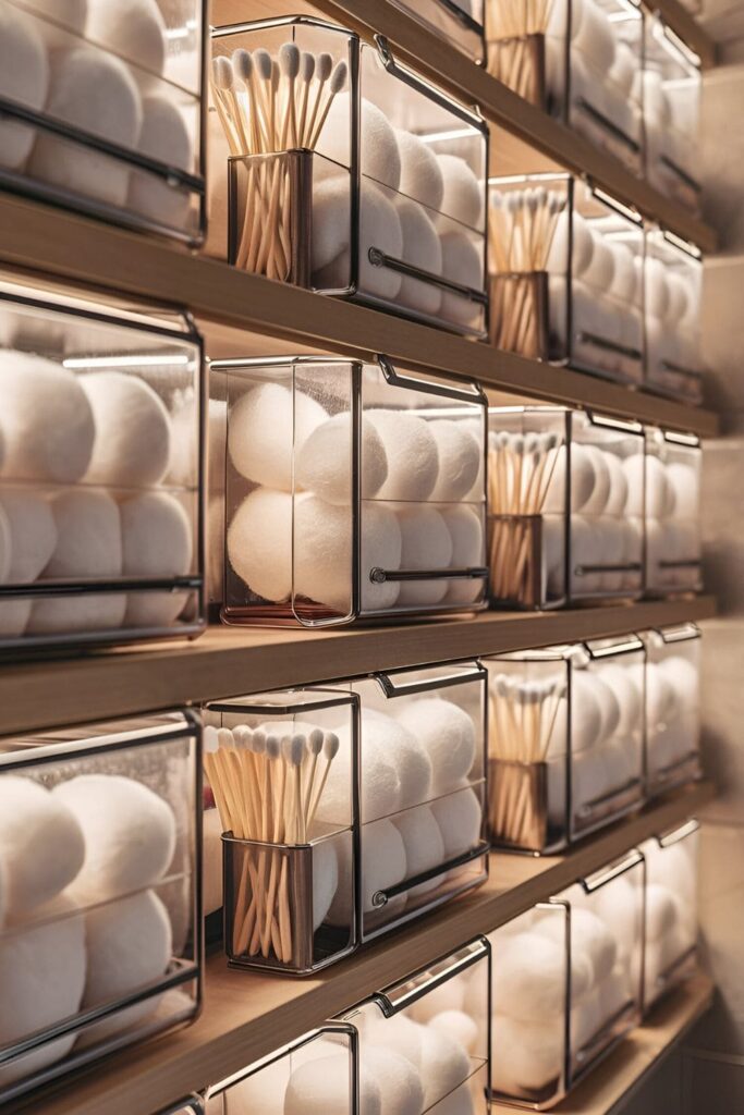 Transparent storage containers filled with cotton balls and swabs on a bathroom shelf